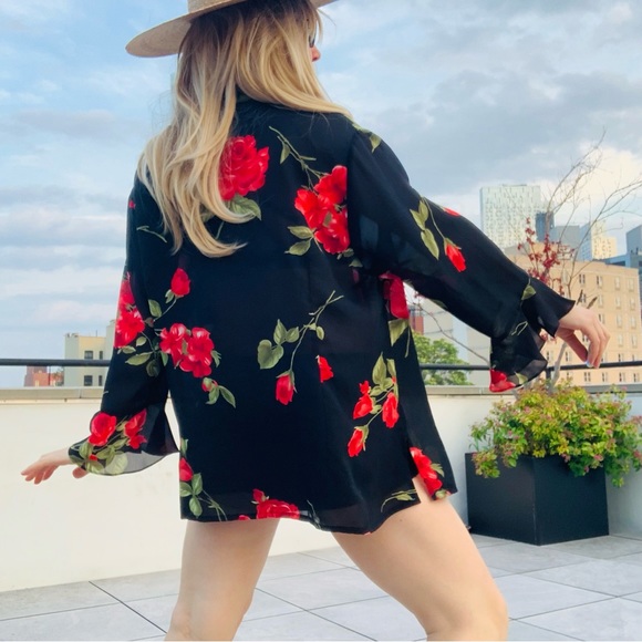 🛳 K.C.STUDIO Vintage Ruffle Long Sleeves Sheer Top Big Roses Sheer Top 22W - Picture 2 of 16